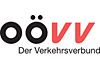 Logo Oberösterreichischer Verkehrsverbund: Schriftzug OÖVV der Verkehrsverbund in schwarz-roter Schrift auf weißem Hintergrund.
