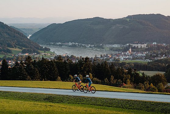 ©WGDDonauOberoesterreichTourismusGmbHCMVisuals
Donauradweg reloaded, Radfahrer radeln am Donauradweg mit Blick auf Grein Perg
